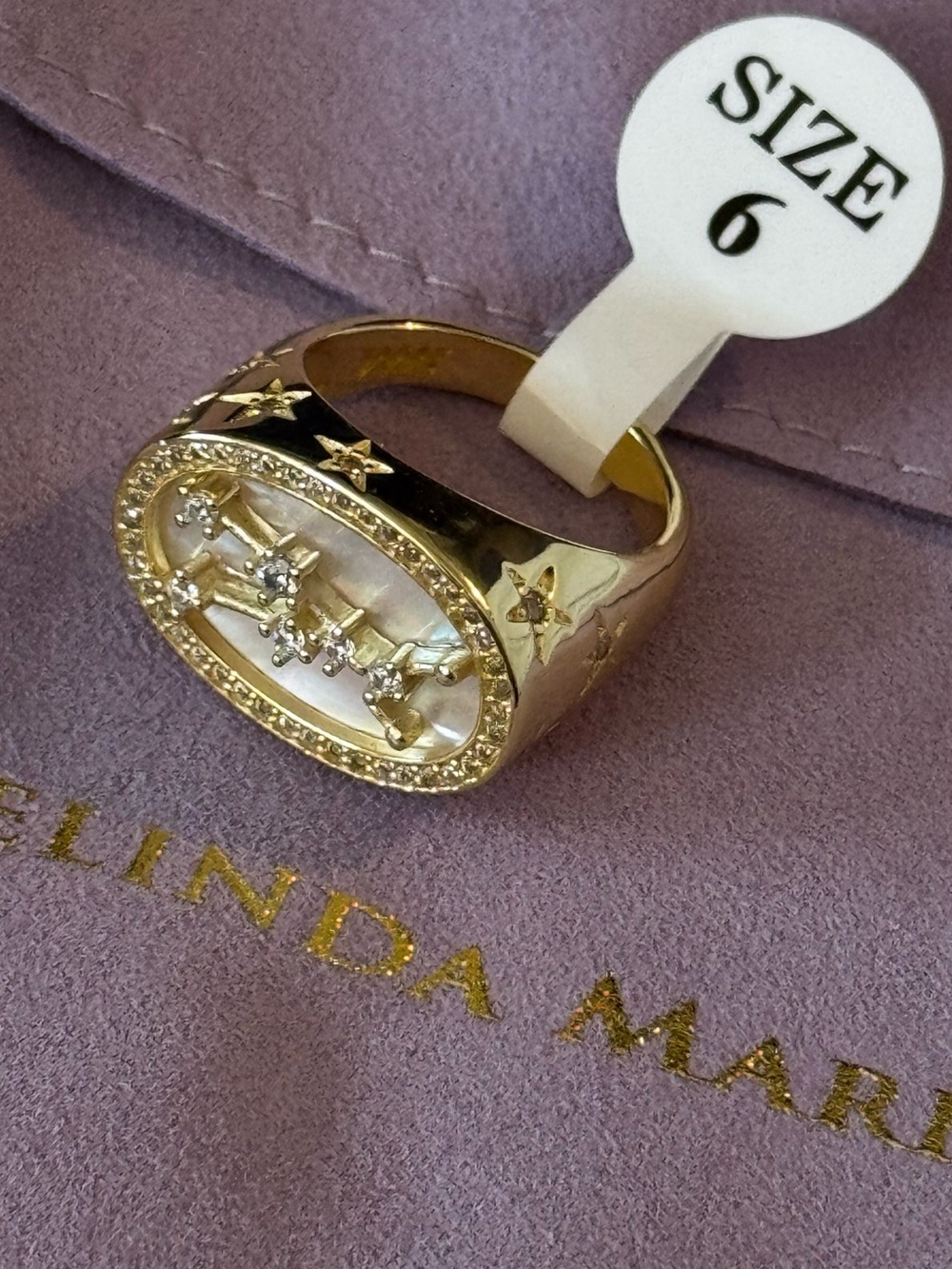 Melinda Maria Gold Signet Ring with Mother-of-Pearl and Crystal Stars